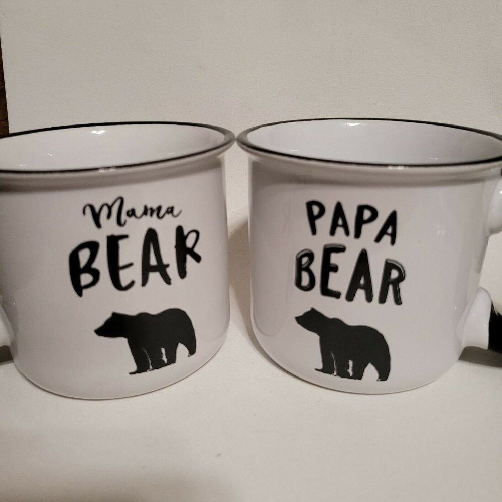 Set of 2 Mama Bear Papa Bear Mugs Clay Art Black